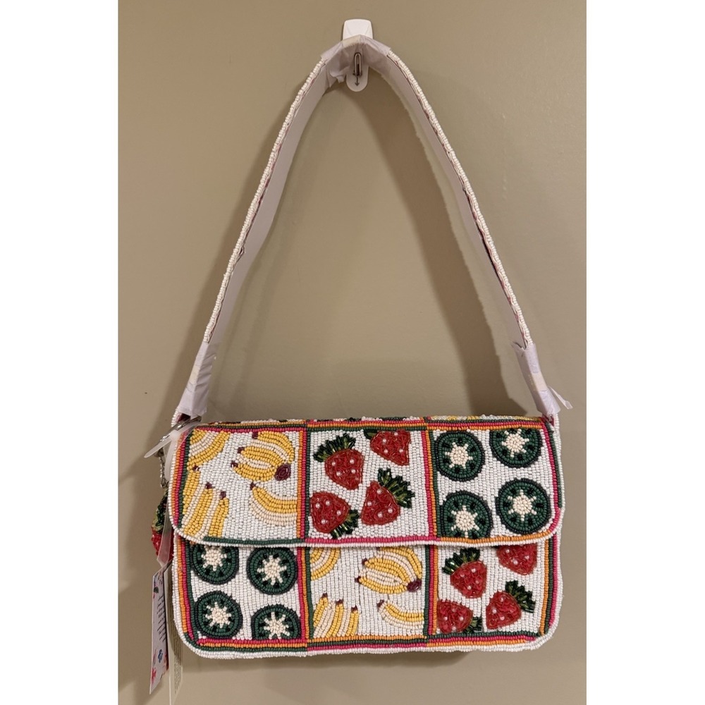 Colorful Patchwork Beaded Embroidered Shoulder Bag with Strawberry Charmโ